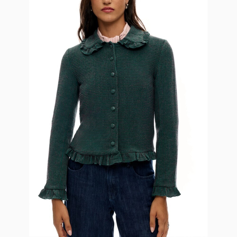 Green Ribbed Knit Ruffle Collar Button Front Cropped Cardigan - Picture 2 of 7